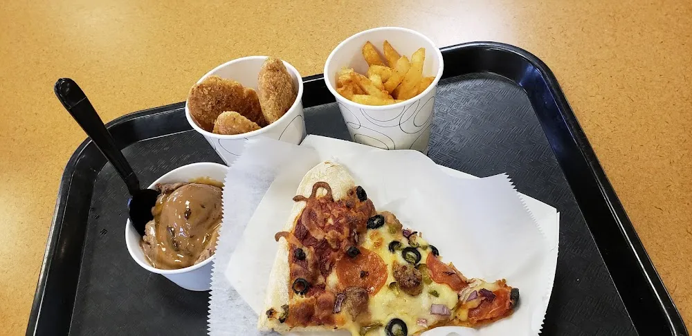 Pizza French Fries Chicken Strips Chocolate Brownie Ice Cream with Caramel